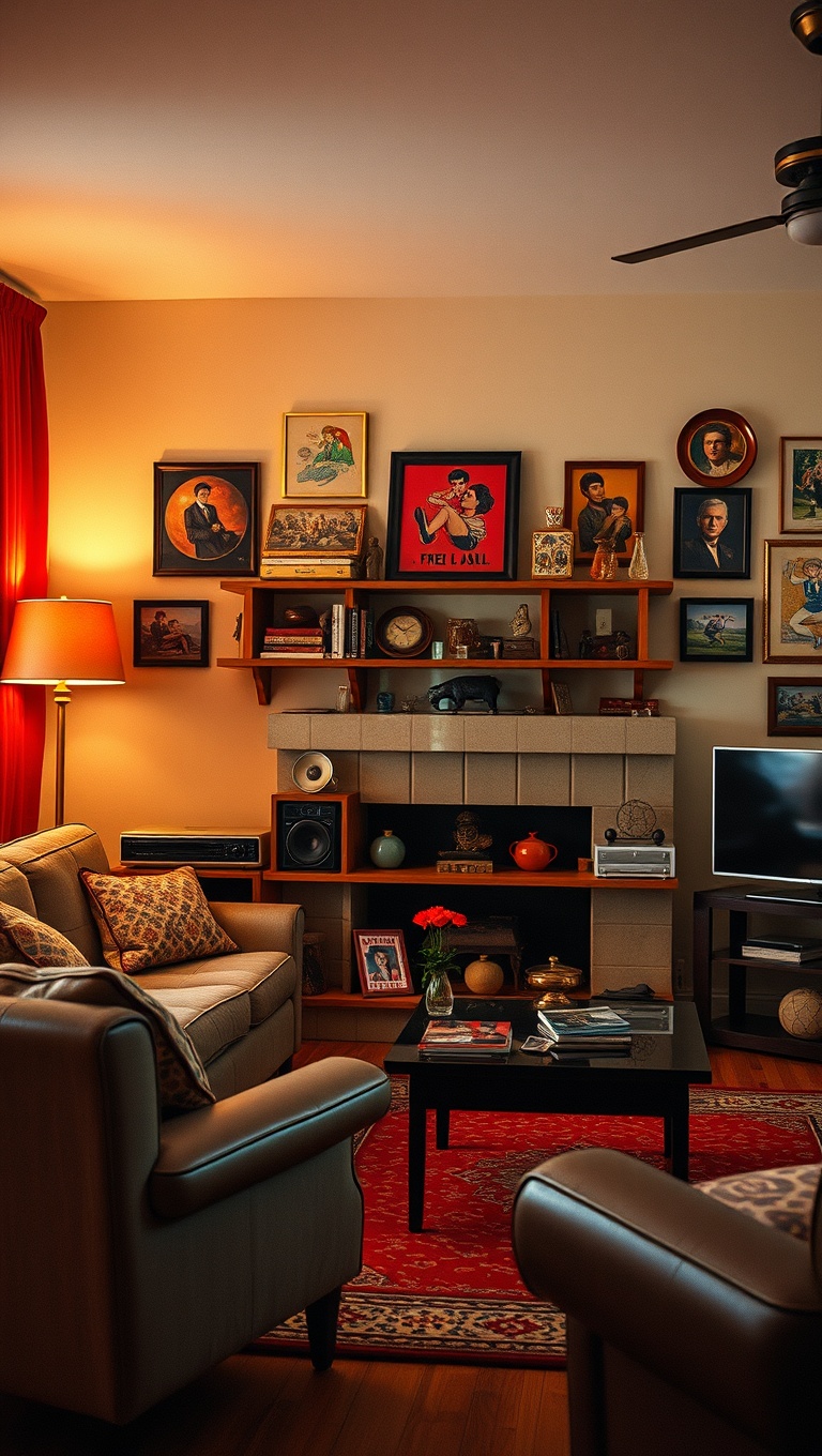 20 Groovy Ideas to Revamp Your 70s Living Room - 20. Nostalgic Collectibles Display