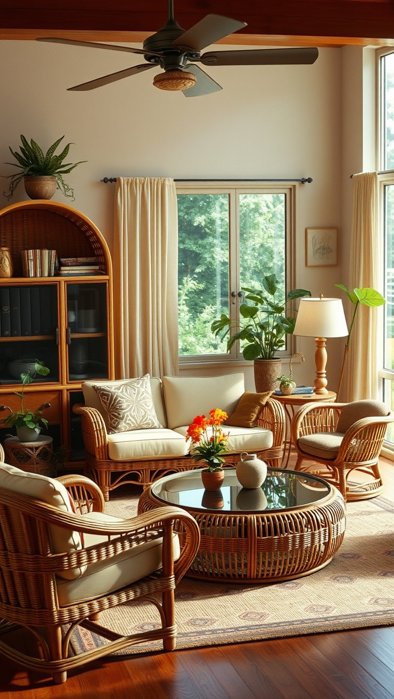 20 Groovy Ideas to Revamp Your 70s Living Room - 3. Rattan and Wicker Accents