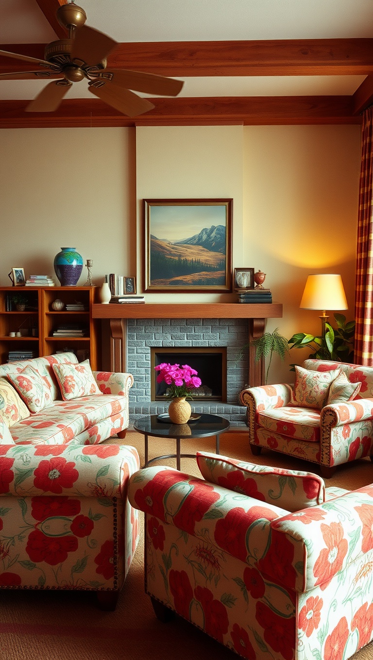 20 Groovy Ideas to Revamp Your 70s Living Room - Funky Floral Upholstery