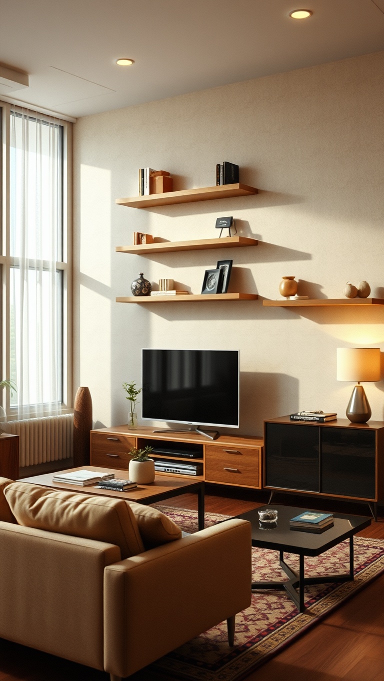 20 Groovy Ideas to Revamp Your 70s Living Room - 12. Wall-Mounted Shelves