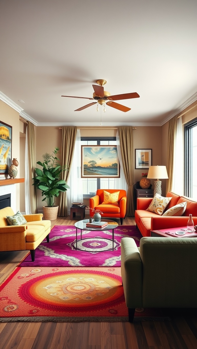 20 Groovy Ideas to Revamp Your 70s Living Room - 8. Bright and Colorful Rugs