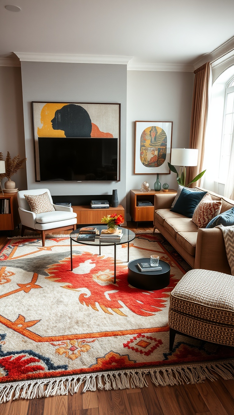 20 Artsy Ideas to Transform Your Living Room into a Creative Haven! - 3. Artistic Rugs: Ground Your Space with Style