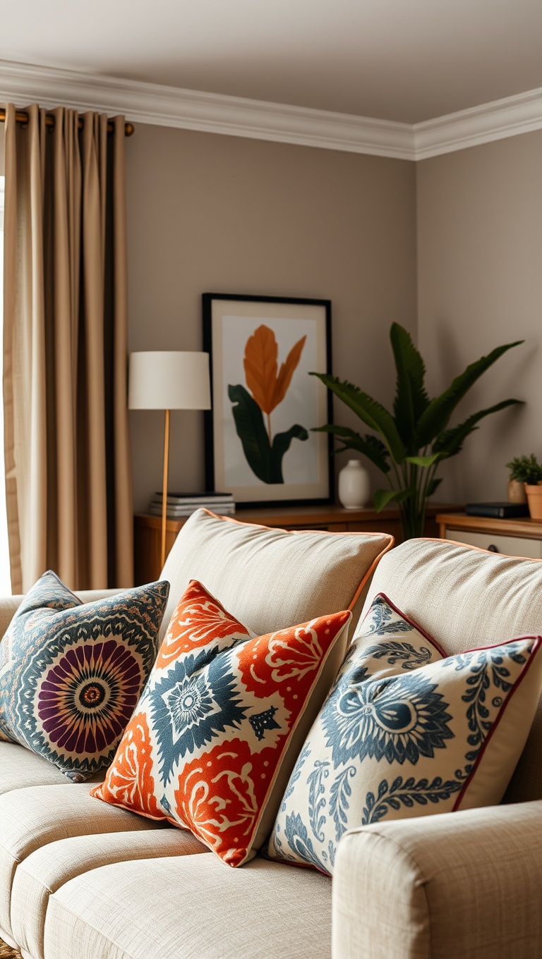 20 Boho-Chic Living Room Ideas to Inspire Your Space - Bold Patterns on Throw Pillows