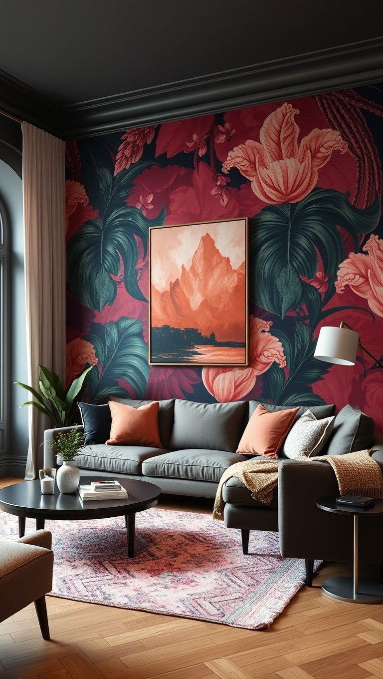20 Vibrant Ideas to Transform Your Living Room with Bold Color Palettes - 17. Bold Wallpaper: A Dramatic Backdrop