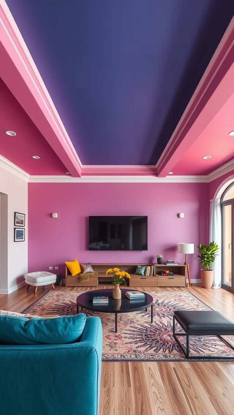 20 Vibrant Ideas to Transform Your Living Room with Bold Color Palettes - 16. Colorful Ceiling: The Fifth Wall
