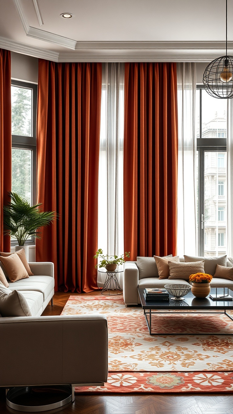 20 Dazzling Ideas for Bold Living Rooms That Wow! - 10. Use Dramatic Curtains