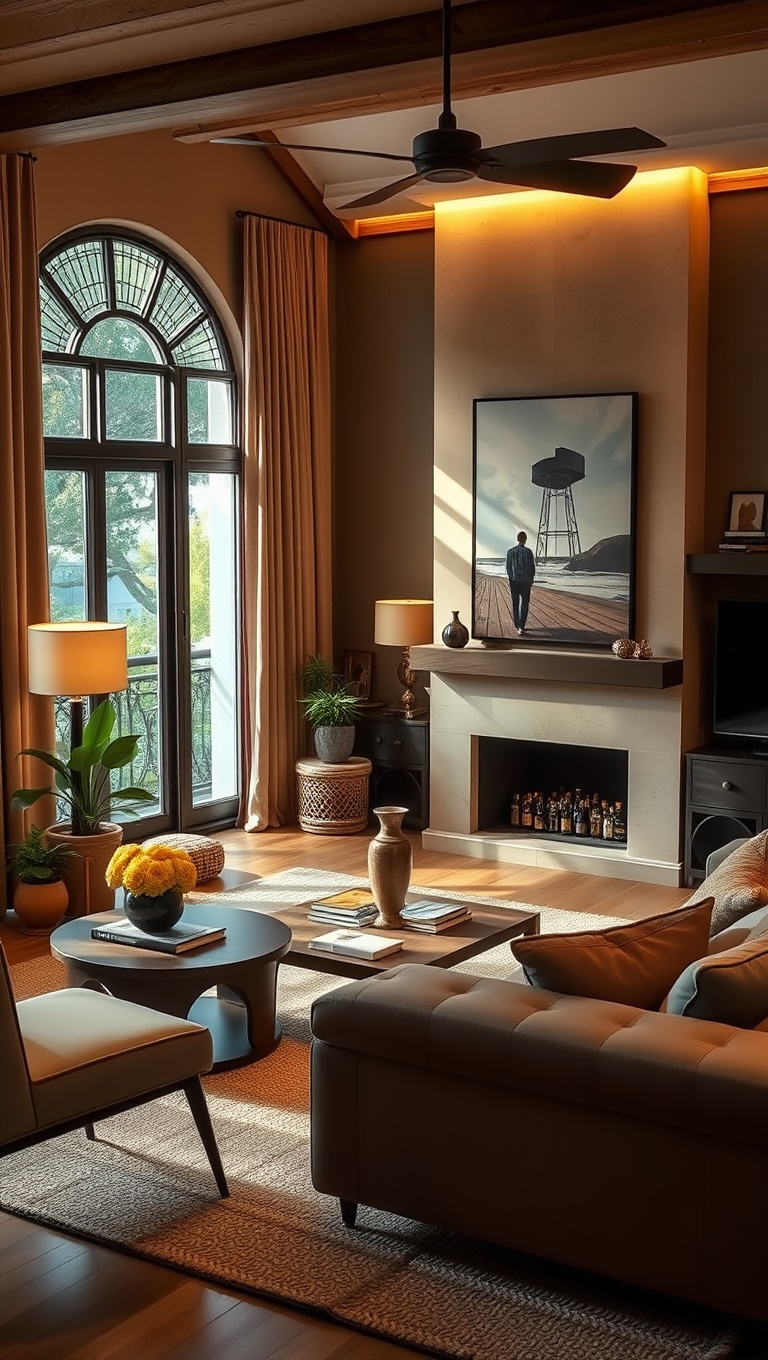 20 Cozy Ideas to Embrace Earthy Tones in Your Living Room - 12. Soft Lighting: Warm Up Your Space with Ambient Lights