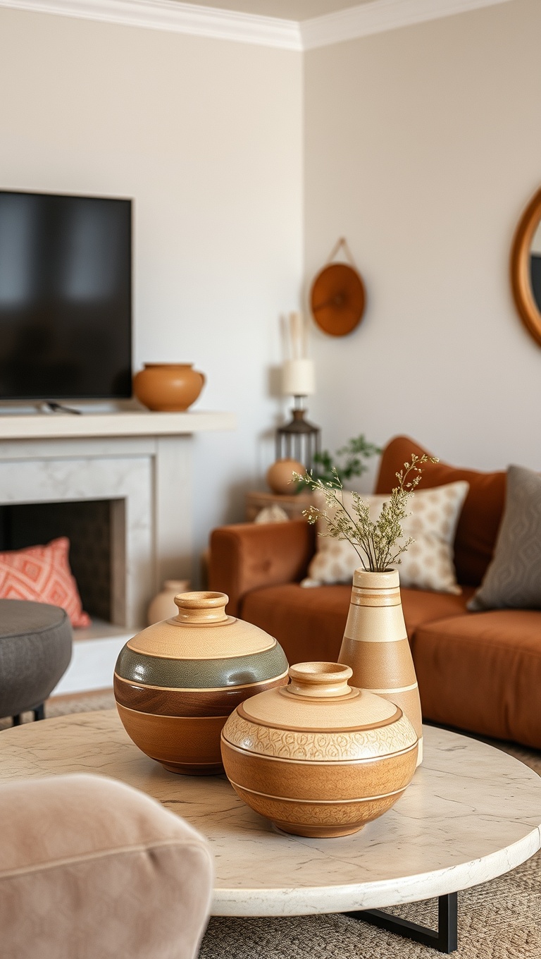 20 Cozy Ideas to Embrace Earthy Tones in Your Living Room - 14. Handmade Pottery: Add a Personal Touch with Artisanal Pieces