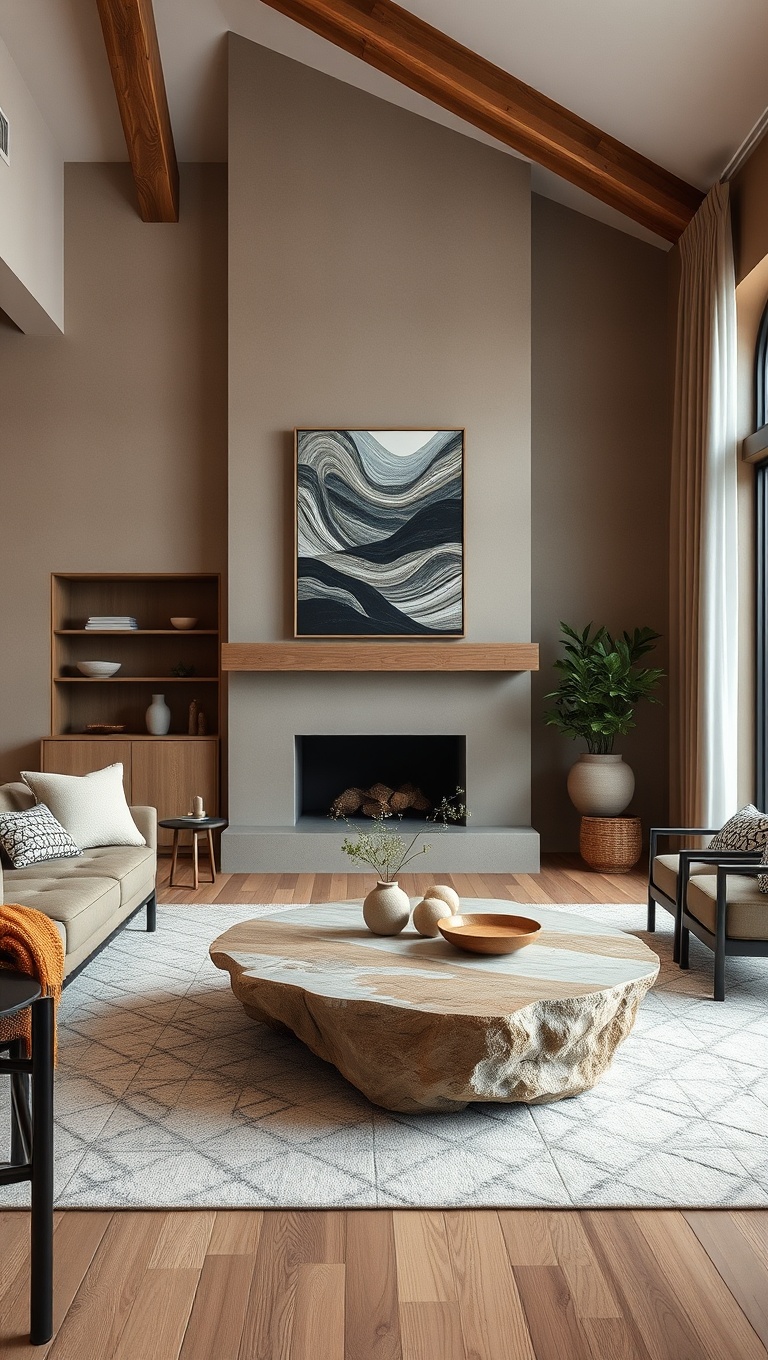 20 Cozy Ideas to Embrace Earthy Tones in Your Living Room - 17. Natural Stone Coffee Tables: Blend Functionality and Beauty