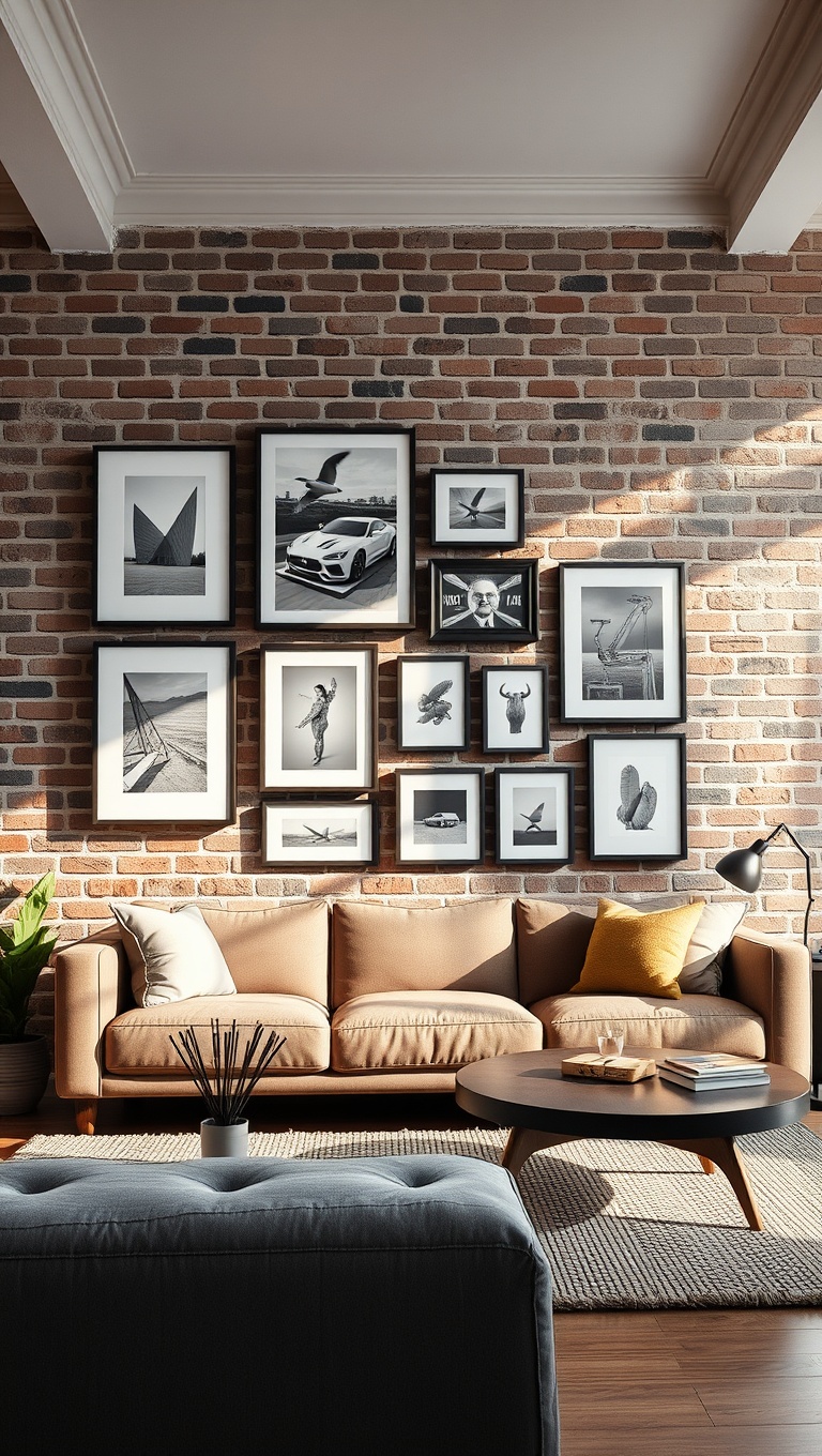 20 Creative Ideas to Elevate Your Exposed Brick Living Room - 3. Create a Gallery Wall of Art