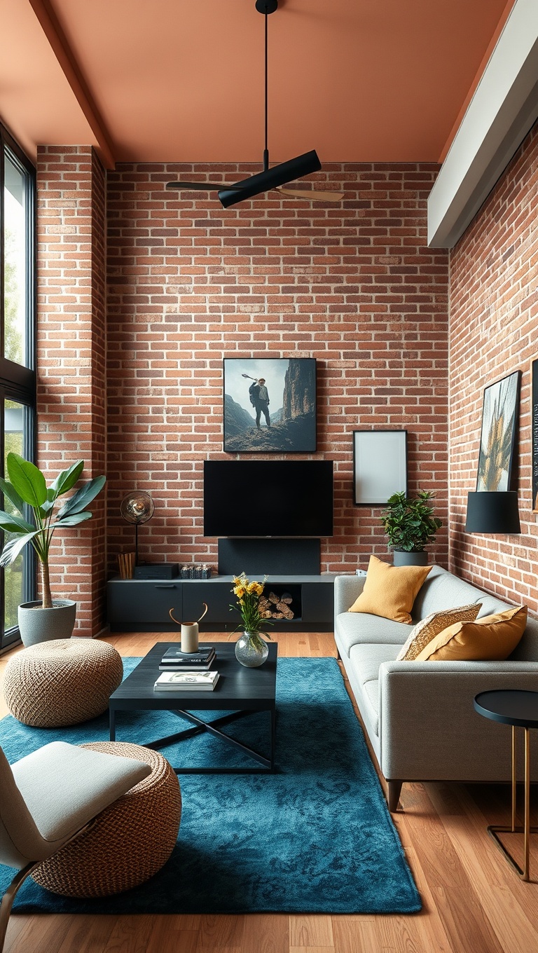20 Creative Ideas to Elevate Your Exposed Brick Living Room - 11. Paint the Ceiling a Bold Color