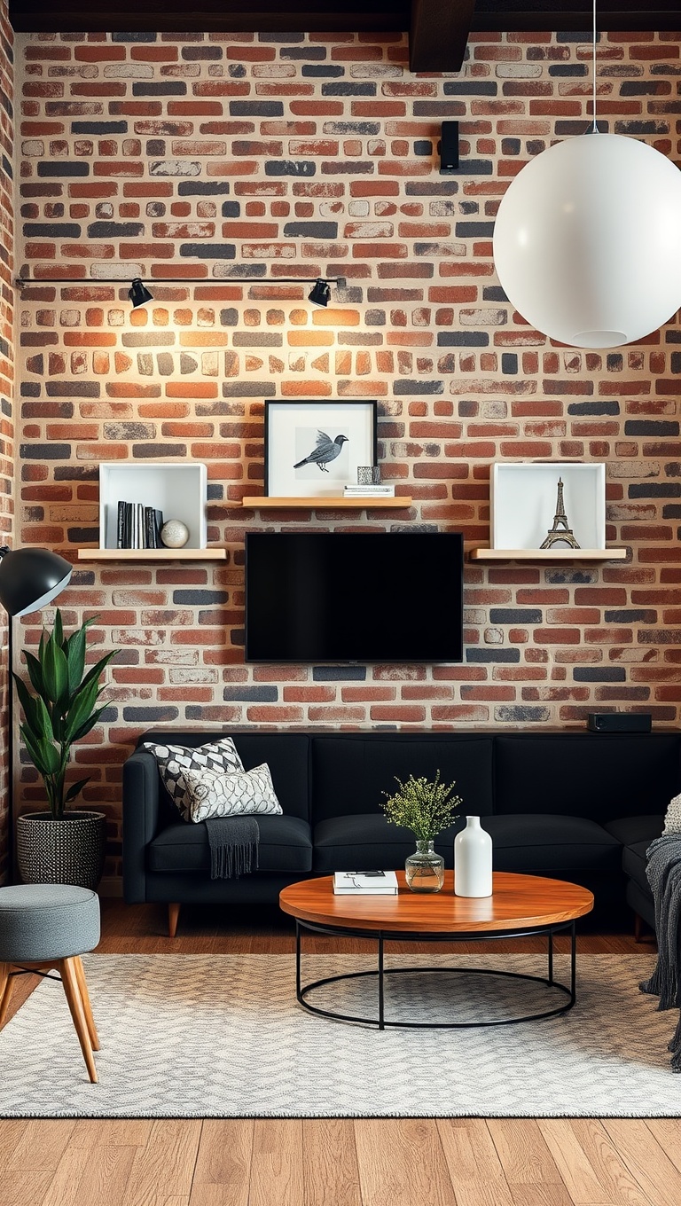 20 Creative Ideas to Elevate Your Exposed Brick Living Room - 7. Hang Floating Shelves for Display