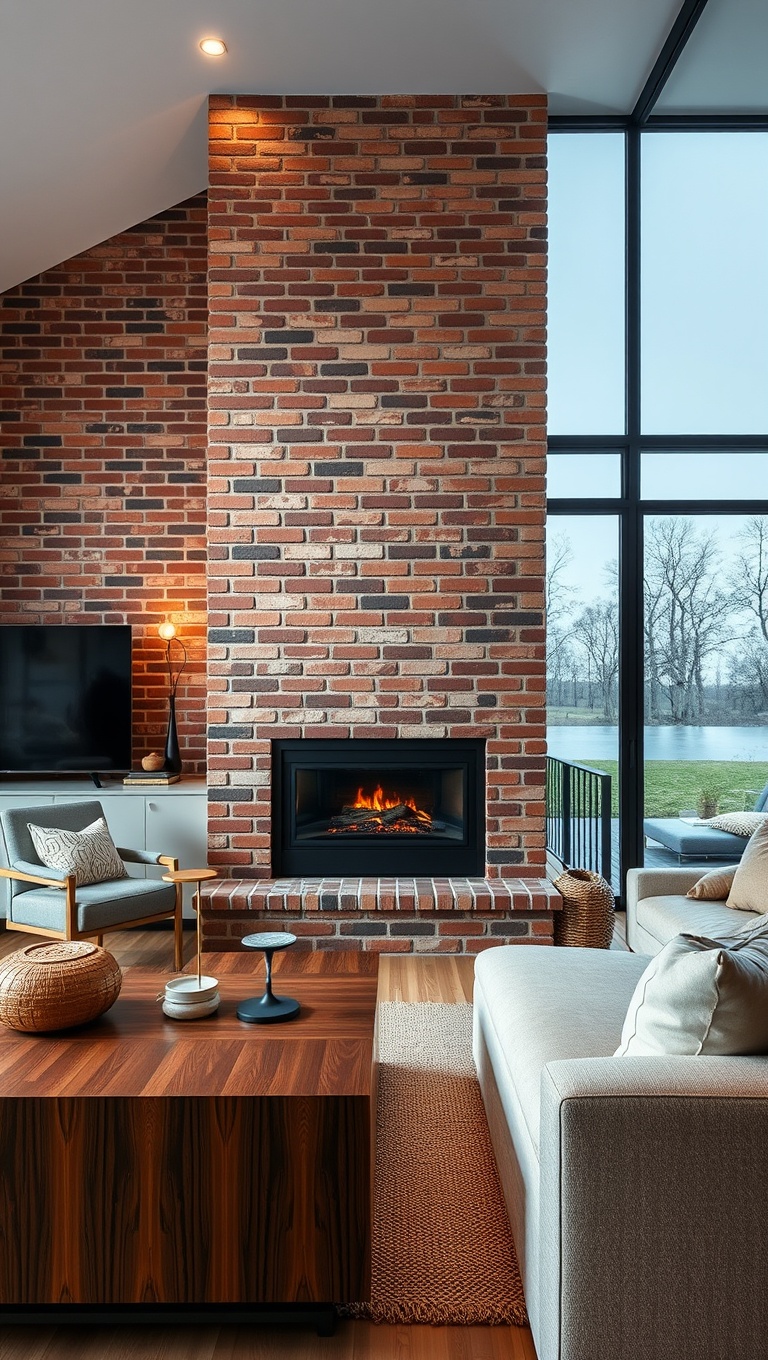 20 Creative Ideas to Elevate Your Exposed Brick Living Room - 8. Incorporate a Modern Fireplace