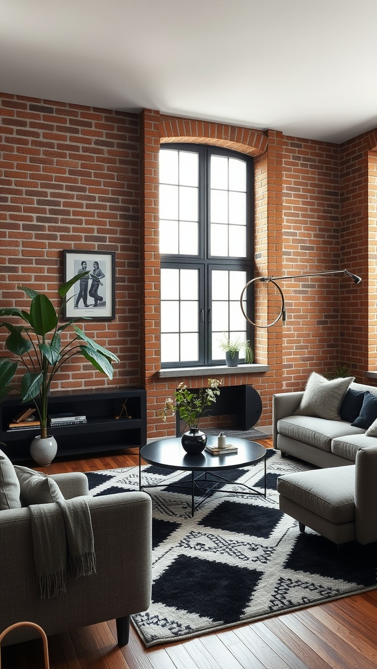 20 Creative Ideas to Elevate Your Exposed Brick Living Room - 14. Create a Statement Rug for Contrast