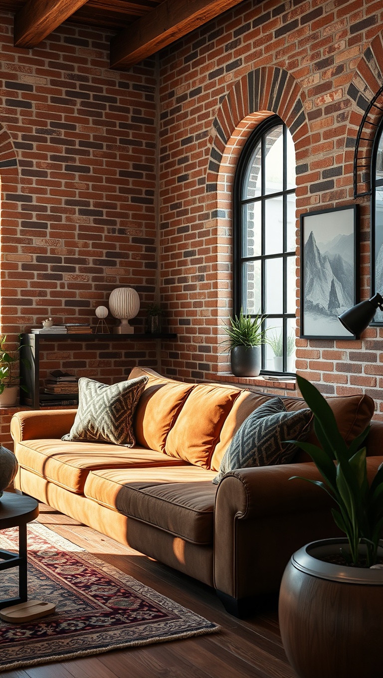 20 Creative Ideas to Elevate Your Exposed Brick Living Room - 1. Cozy Up with a Rustic Sofa