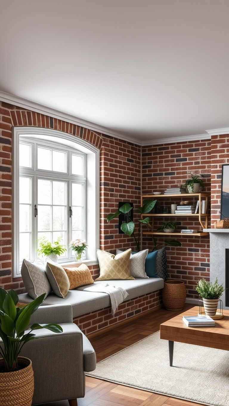 20 Creative Ideas to Elevate Your Exposed Brick Living Room - 16. Build a Cozy Window Seat