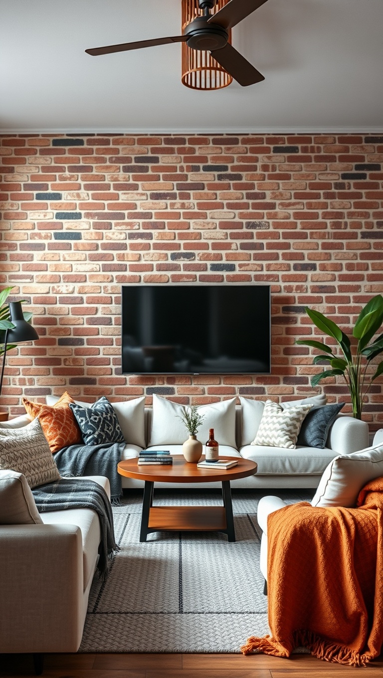 20 Creative Ideas to Elevate Your Exposed Brick Living Room - 4. Layer Textures with Throws and Pillows
