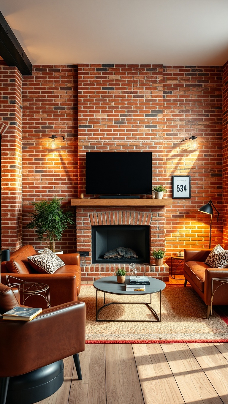 20 Creative Ideas to Elevate Your Exposed Brick Living Room - 12. Use Warm Lighting for Ambiance
