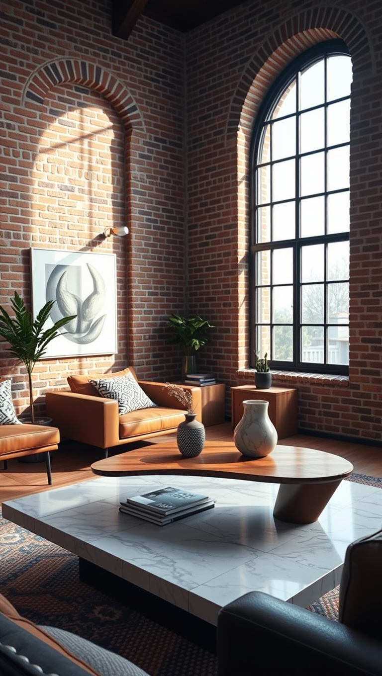 20 Creative Ideas to Elevate Your Exposed Brick Living Room - 19. Feature a Unique Coffee Table