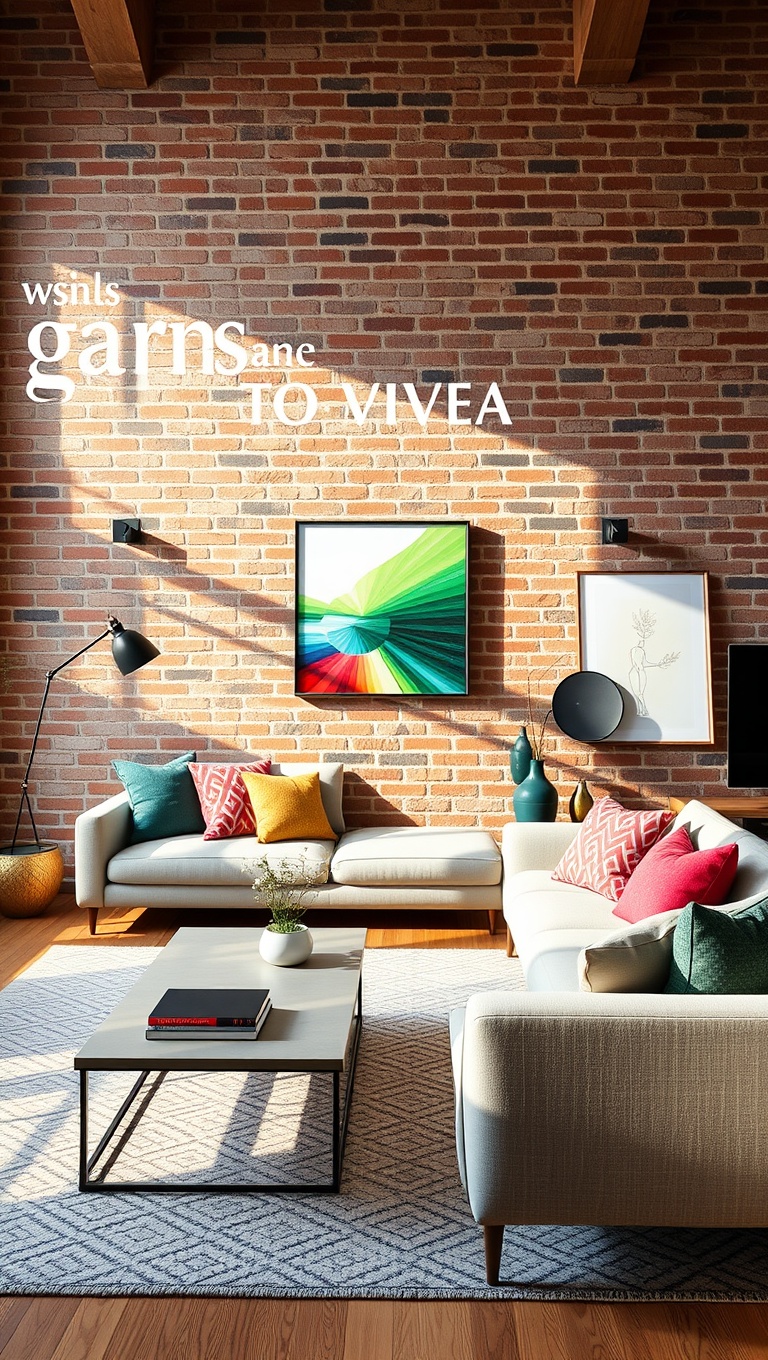 20 Creative Ideas to Elevate Your Exposed Brick Living Room - 2. Brighten Up with Colorful Accents