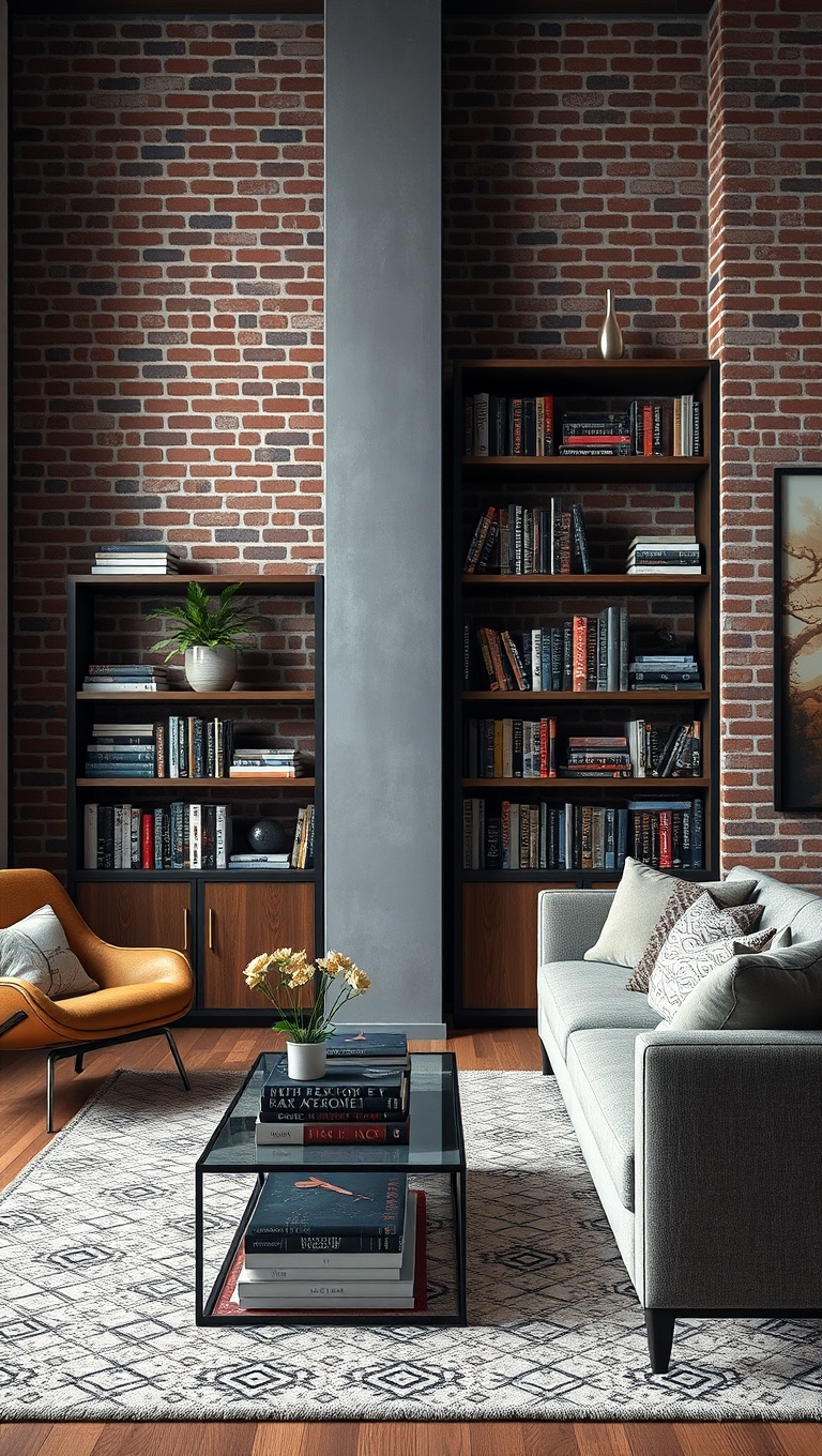 20 Creative Ideas to Elevate Your Exposed Brick Living Room - 15. Showcase Books with Stylish Bookcases