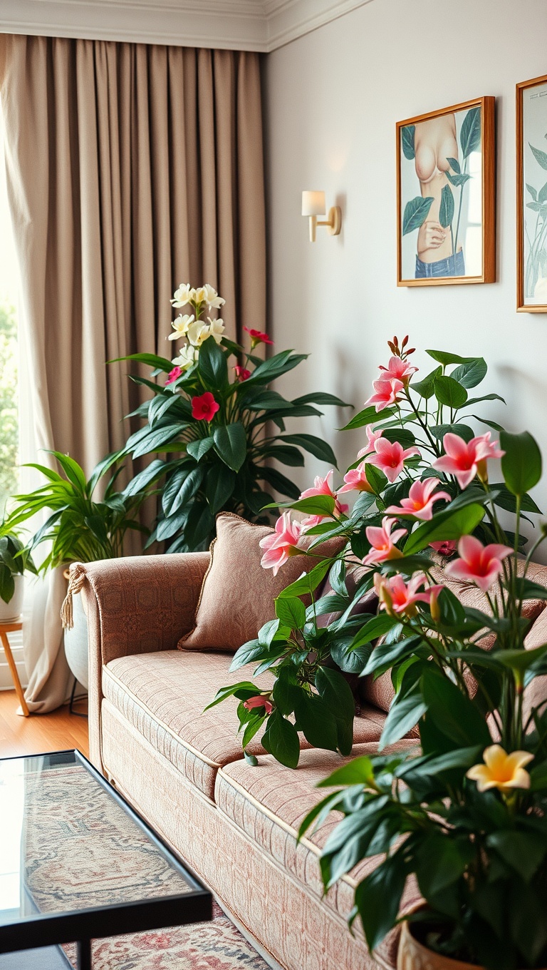 20 Blooming Ideas to Transform Your Living Room with Floral Flair - 4. Lush Indoor Plants with Flowering Varieties