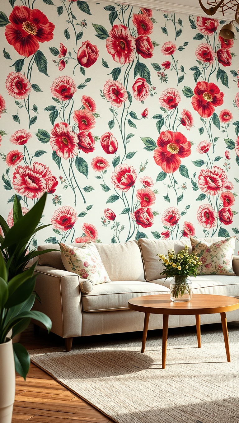 20 Blooming Ideas to Transform Your Living Room with Floral Flair - 1. Bright and Bold Floral Wallpaper