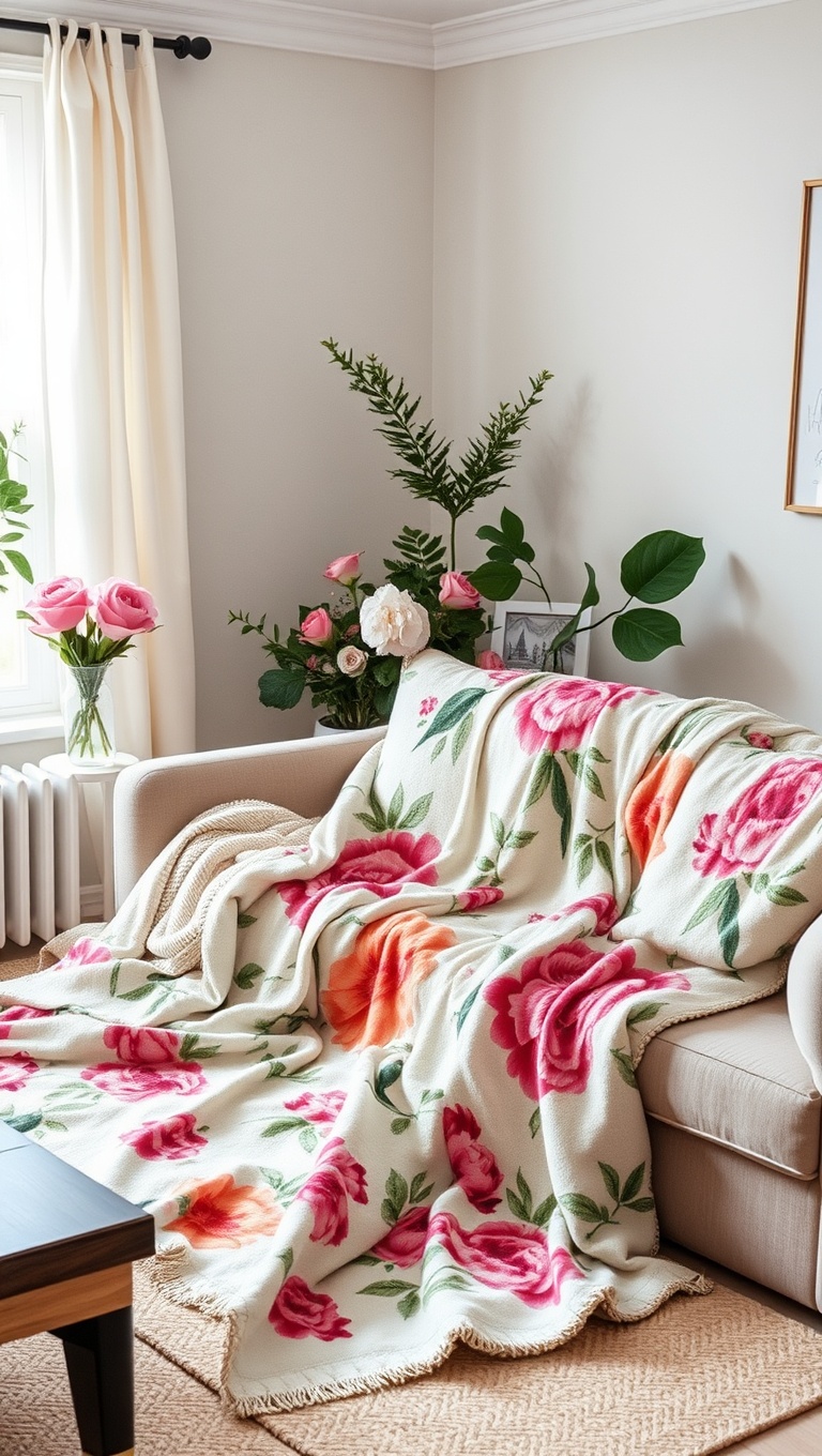 20 Blooming Ideas to Transform Your Living Room with Floral Flair - 9. Floral-Themed Throw Blankets for Snuggling
