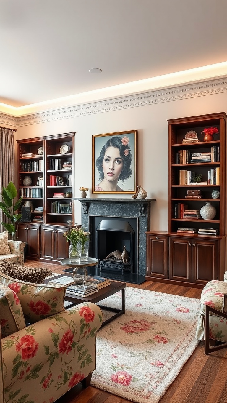 20 Blooming Ideas to Transform Your Living Room with Floral Flair - 16. Fun Floral Bookcases to Add Character