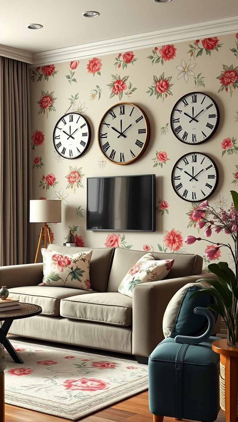 20 Blooming Ideas to Transform Your Living Room with Floral Flair - 19. Flower Motif Wall Clocks for a Fun Touch