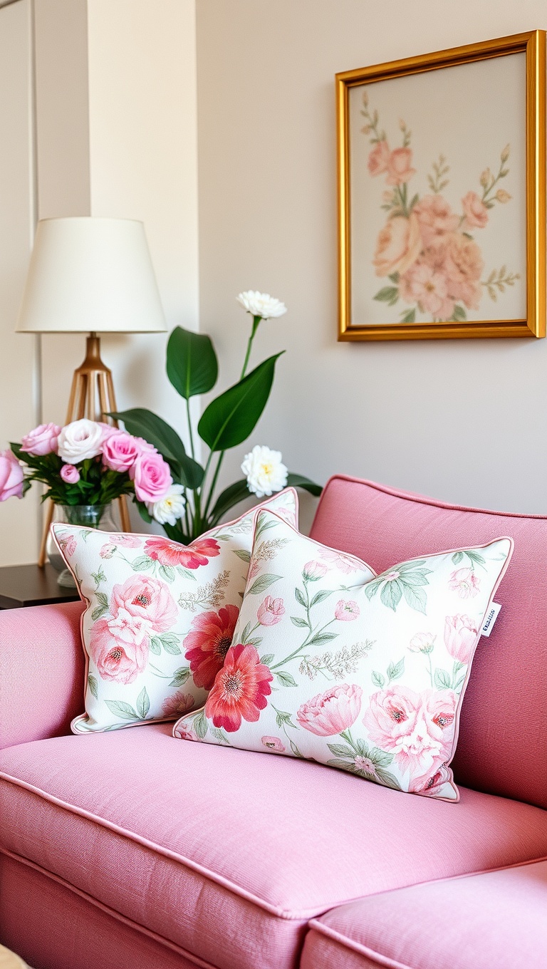 20 Blooming Ideas to Transform Your Living Room with Floral Flair - 2. Soft Pastel Floral Throw Pillows