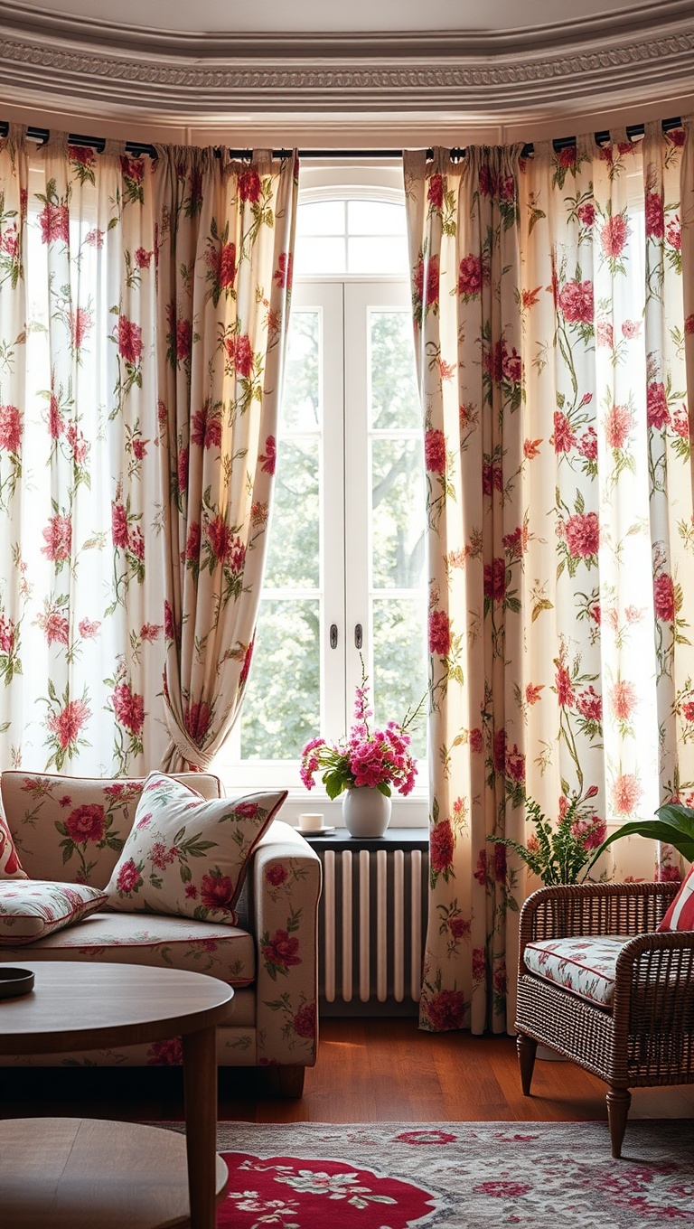 20 Blooming Ideas to Transform Your Living Room with Floral Flair - 6. Whimsical Floral Curtains to Frame the Light