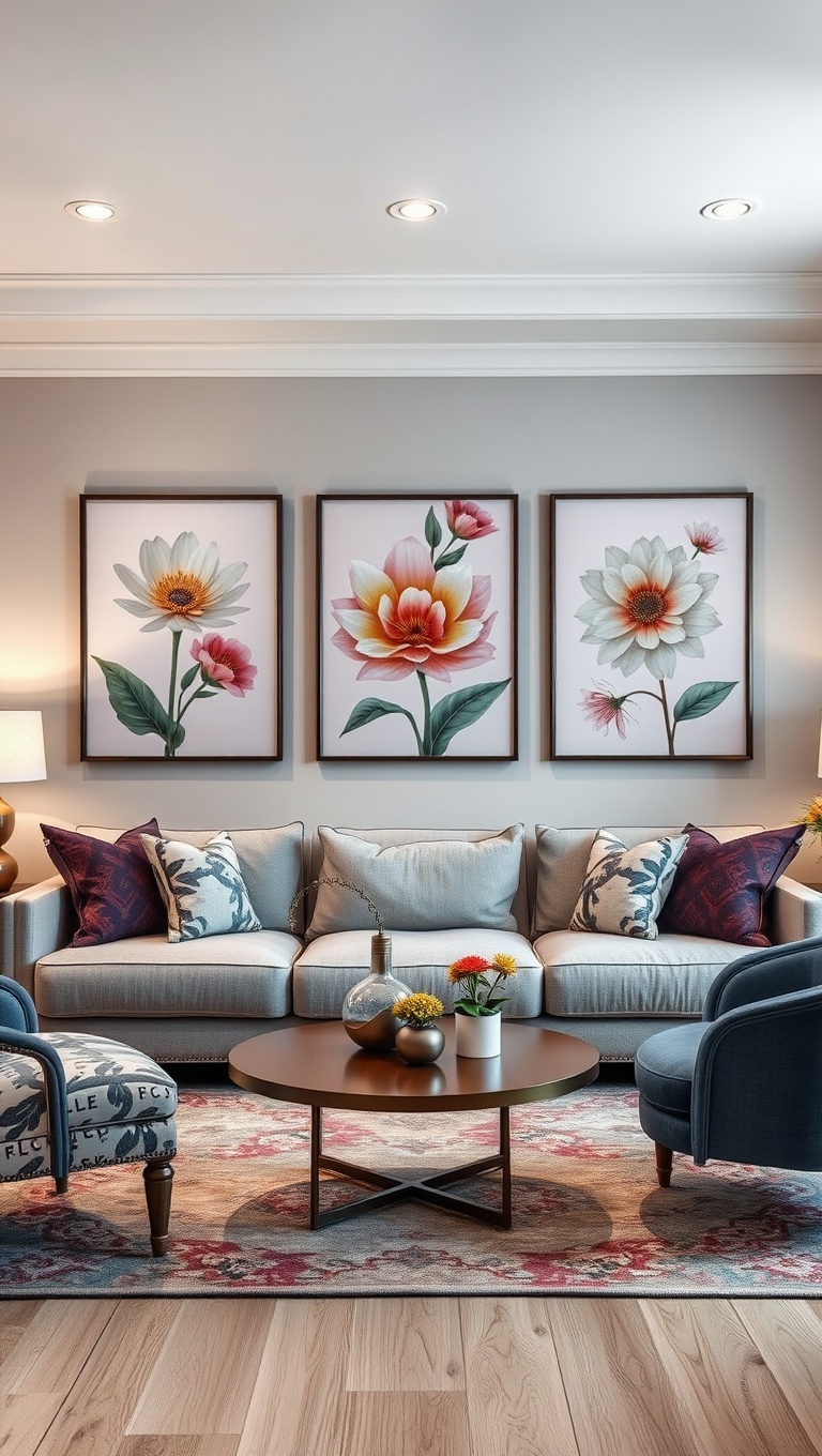 20 Blooming Ideas to Transform Your Living Room with Floral Flair - 5. Floral Art Prints for a Statement Wall