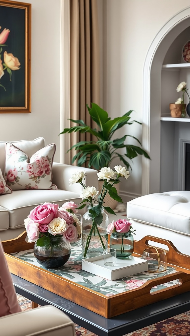 20 Blooming Ideas to Transform Your Living Room with Floral Flair - 15. Floral Decorative Trays for Function and Style