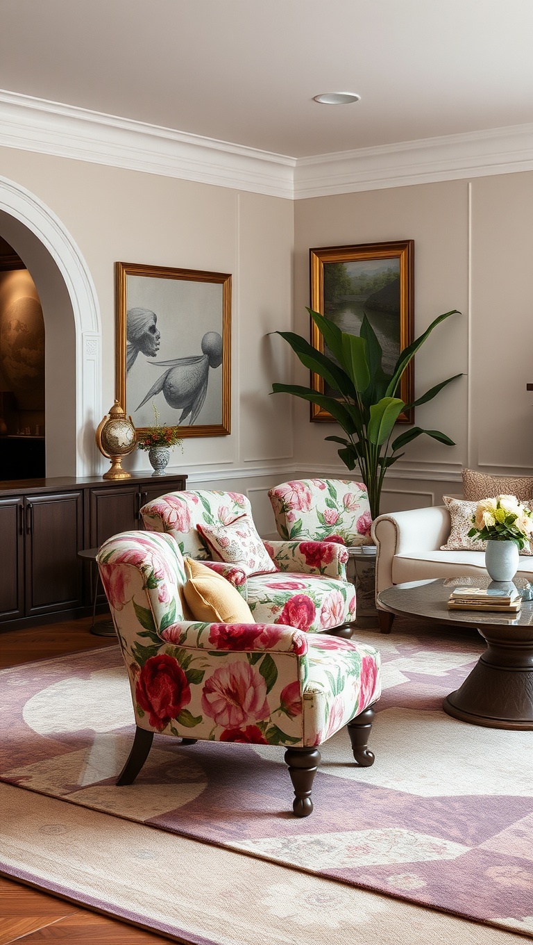 20 Blooming Ideas to Transform Your Living Room with Floral Flair - 7. Flower-Inspired Accent Chairs