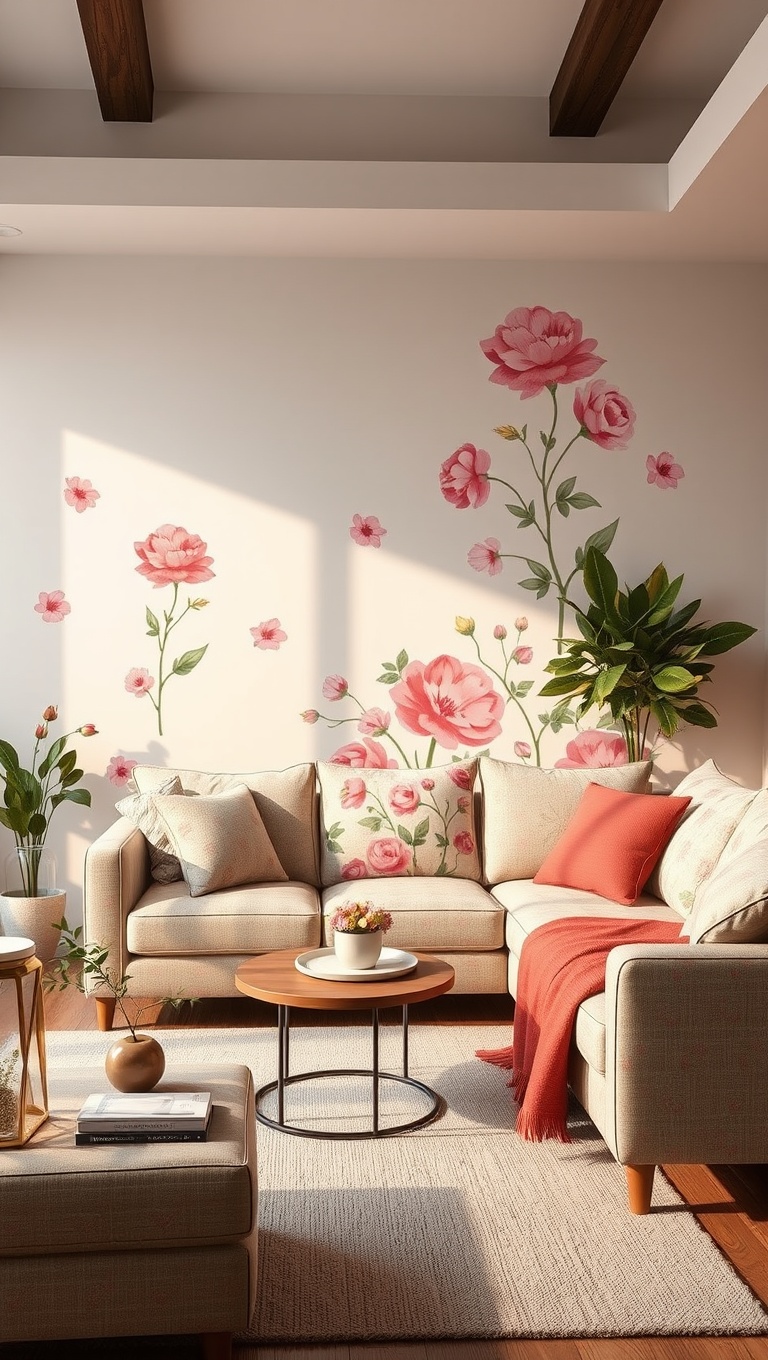 20 Blooming Ideas to Transform Your Living Room with Floral Flair - 10. Charming Floral Wall Decals for a Quick Refresh