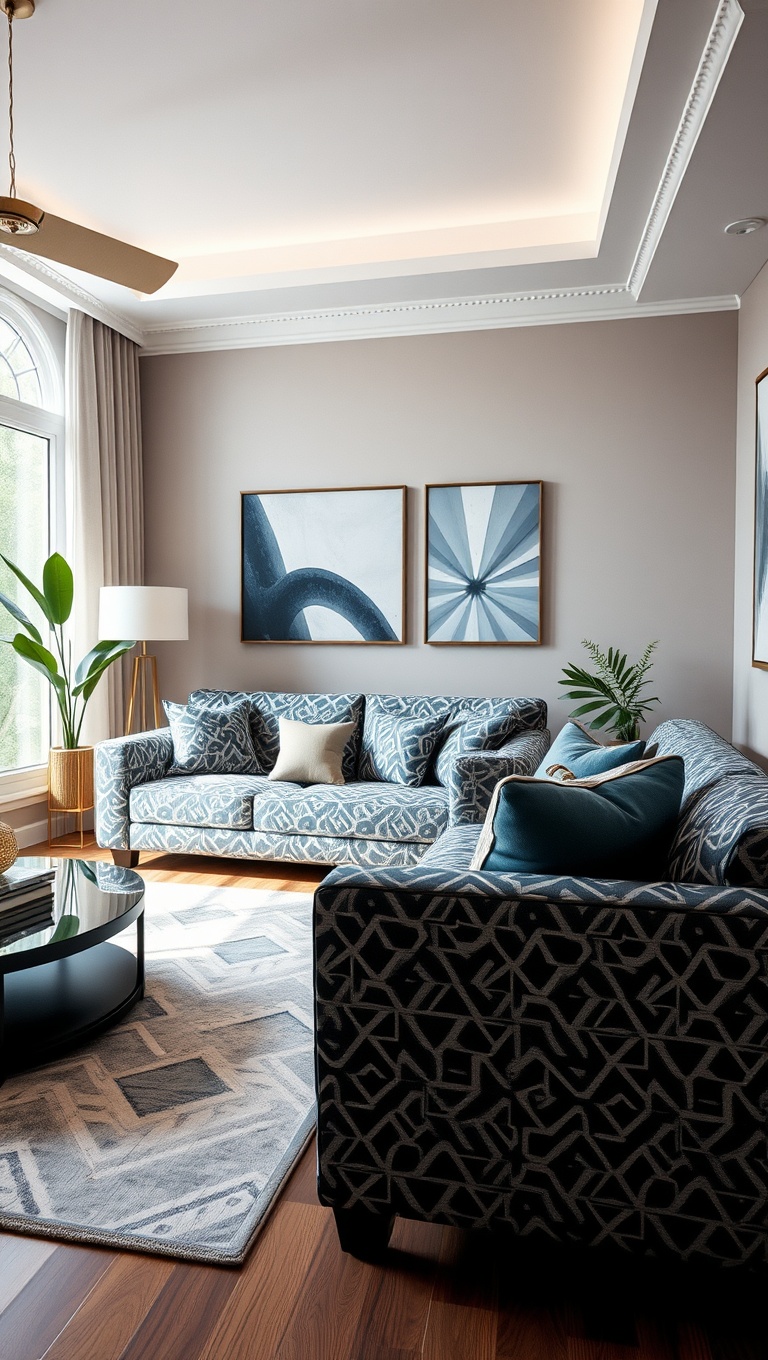 20 Fun Ideas to Transform Your Living Room with Geometric Flair - 14. Geometric-Printed Upholstery for Sofas