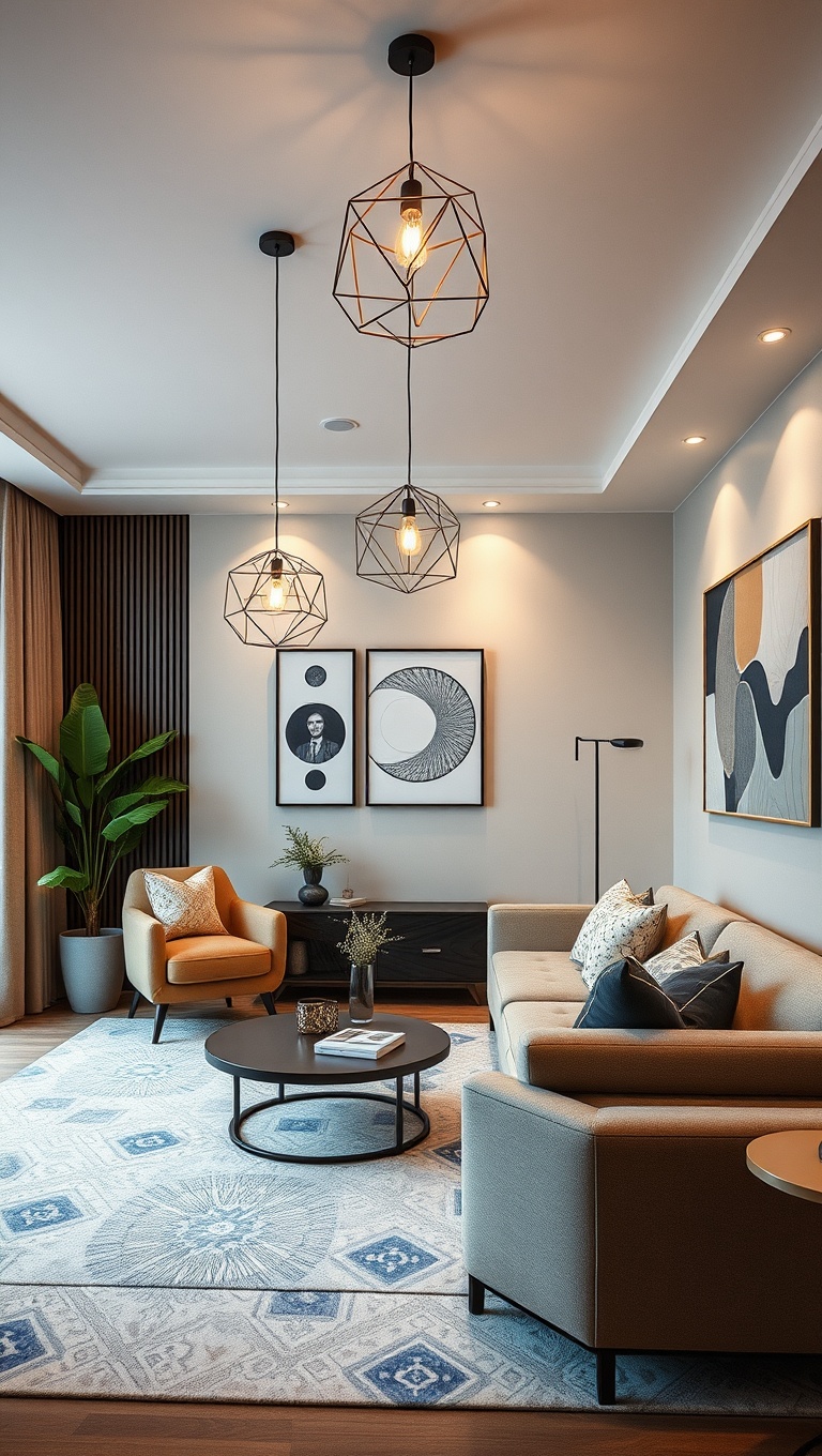 20 Fun Ideas to Transform Your Living Room with Geometric Flair - 9. Statement Lighting with Geometric Designs