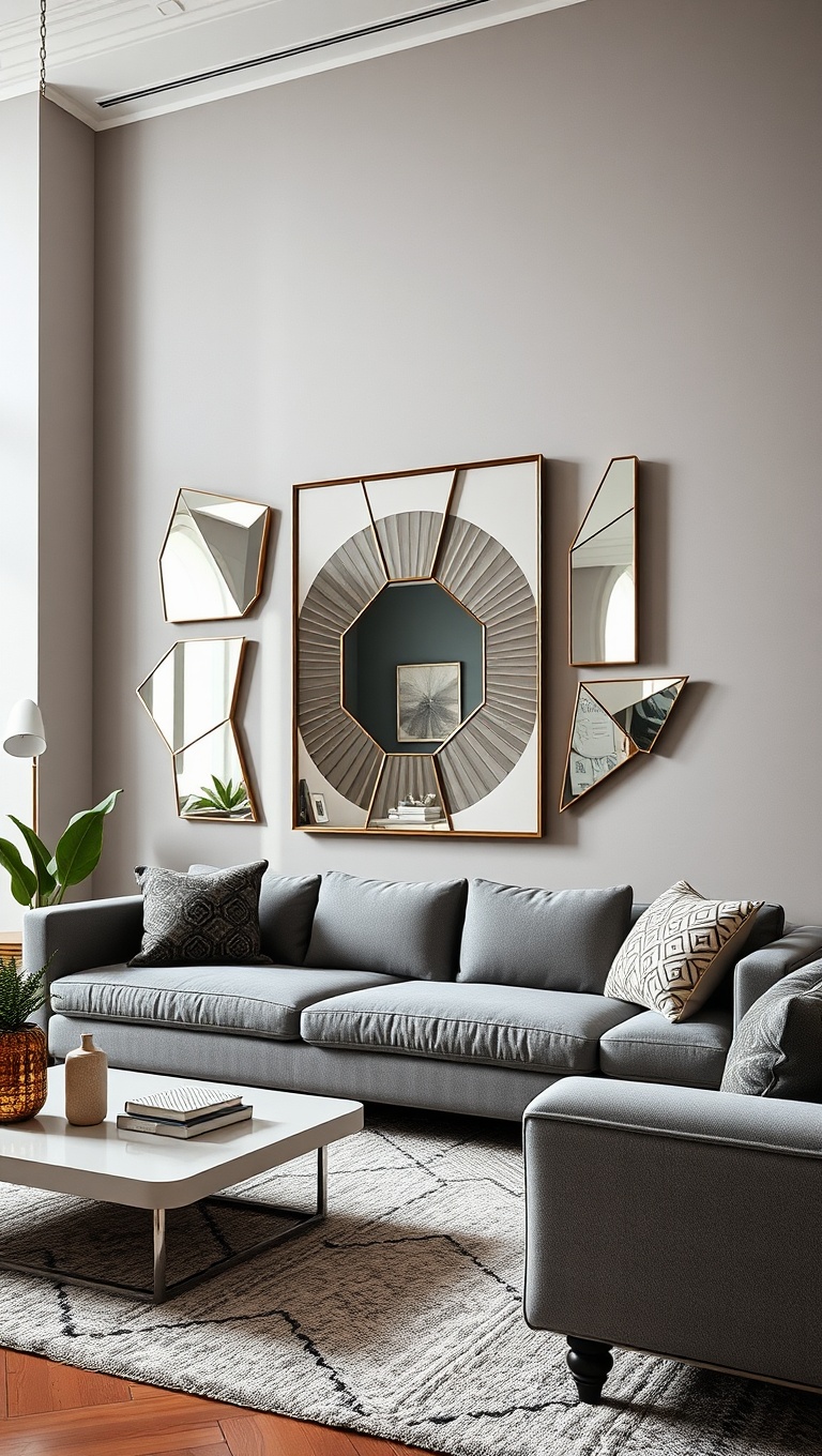 20 Fun Ideas to Transform Your Living Room with Geometric Flair - 10. Geometric Wall Mirrors for Added Depth