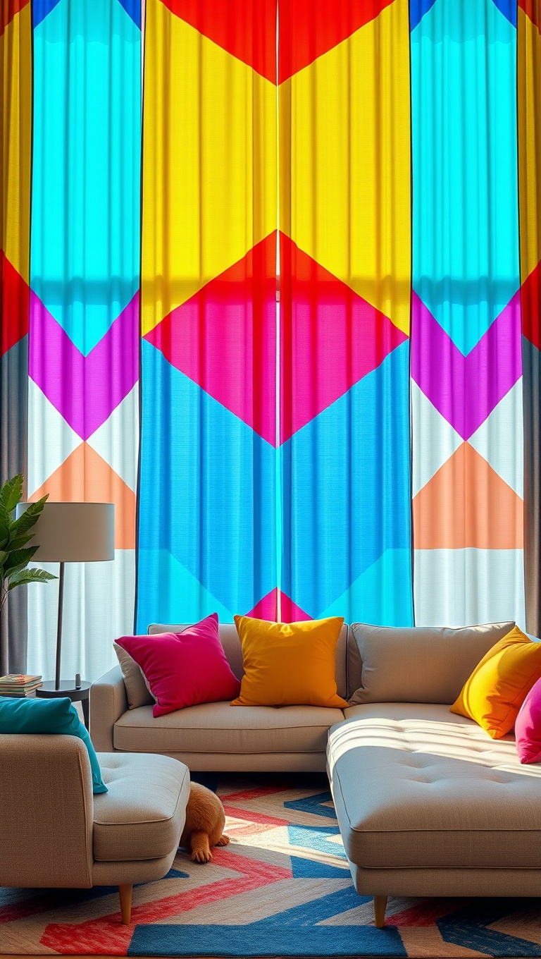 20 Fun Ideas to Transform Your Living Room with Geometric Flair - 6. Bright and Colorful Geometric Curtains