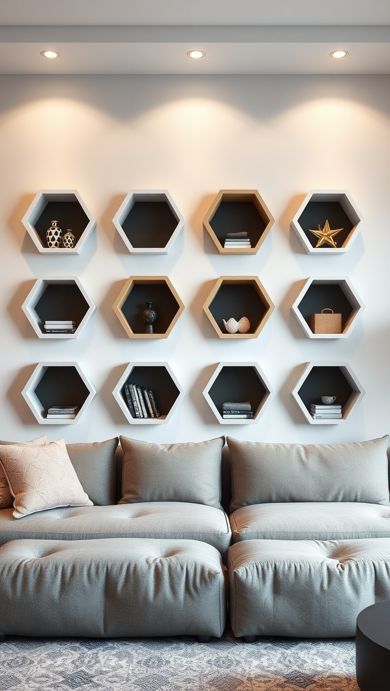 20 Fun Ideas to Transform Your Living Room with Geometric Flair - 4. Stylish Hexagon Shelves for Storage