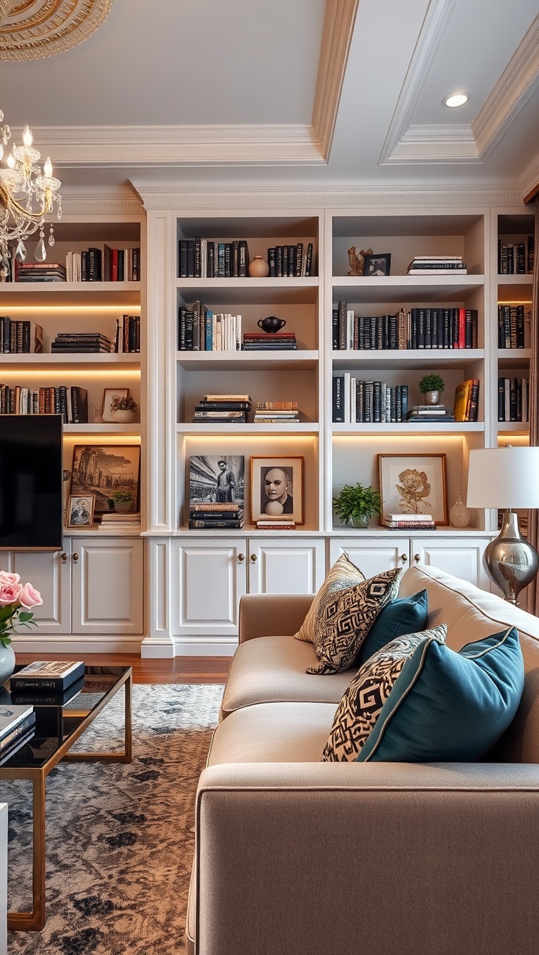 20 Glam Living Room Ideas that Sparkle and Shine - 14. Stylish Bookshelves for a Glam Touch