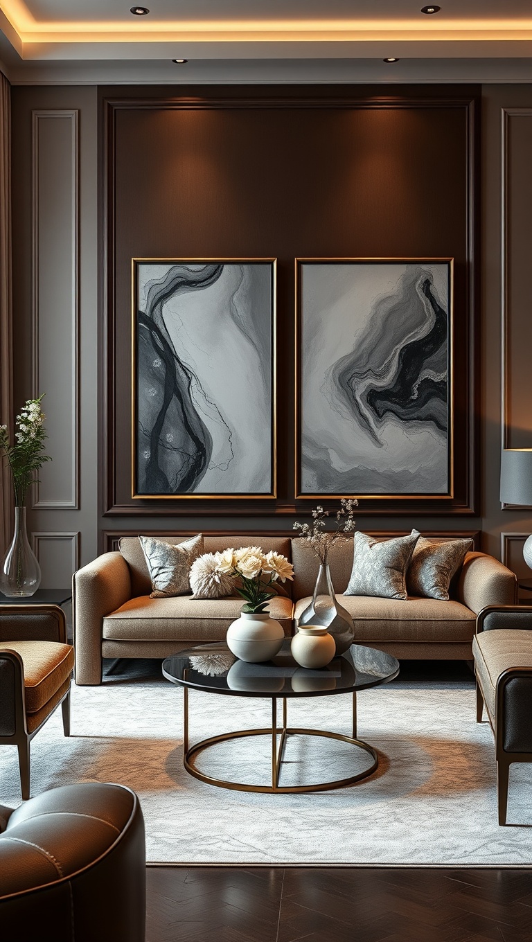 20 Glam Living Room Ideas that Sparkle and Shine - 7. Elegant Artwork to Inspire