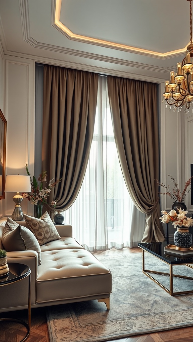 20 Glam Living Room Ideas that Sparkle and Shine - 10. Stunning Drapes that Flow Gracefully