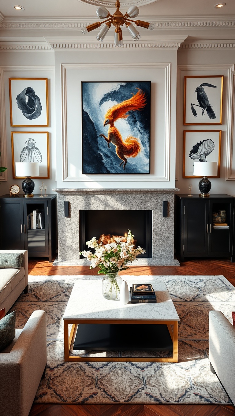 20 Glam Living Room Ideas that Sparkle and Shine - 12. Eye-Catching Wall Art Displays