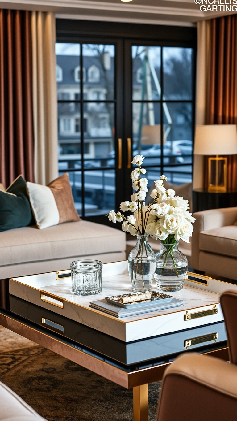 20 Glam Living Room Ideas that Sparkle and Shine - 18. Elegant Trays and Organizers