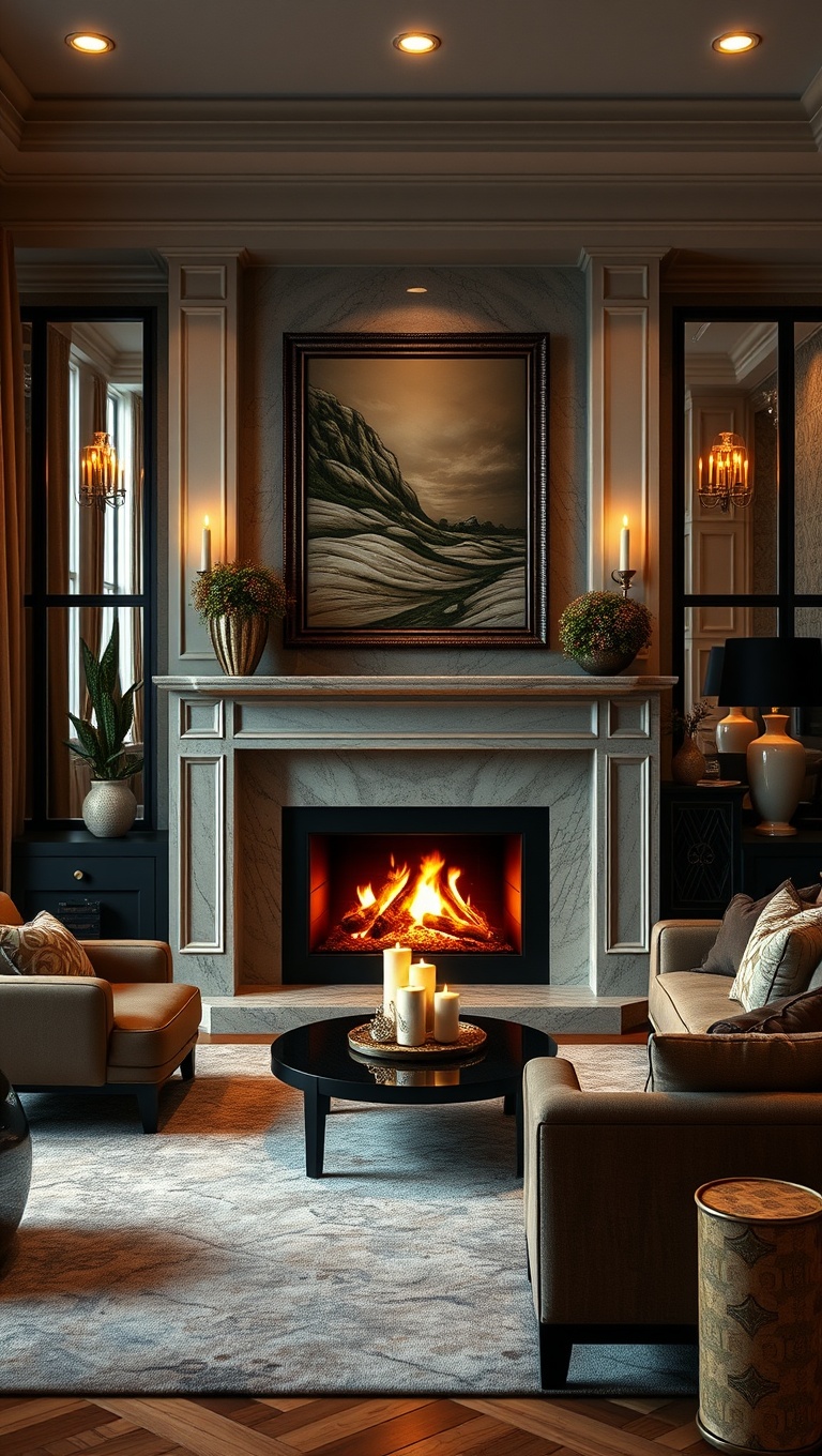 20 Glam Living Room Ideas that Sparkle and Shine - 19. Cozy Fireplaces that Radiate Warmth