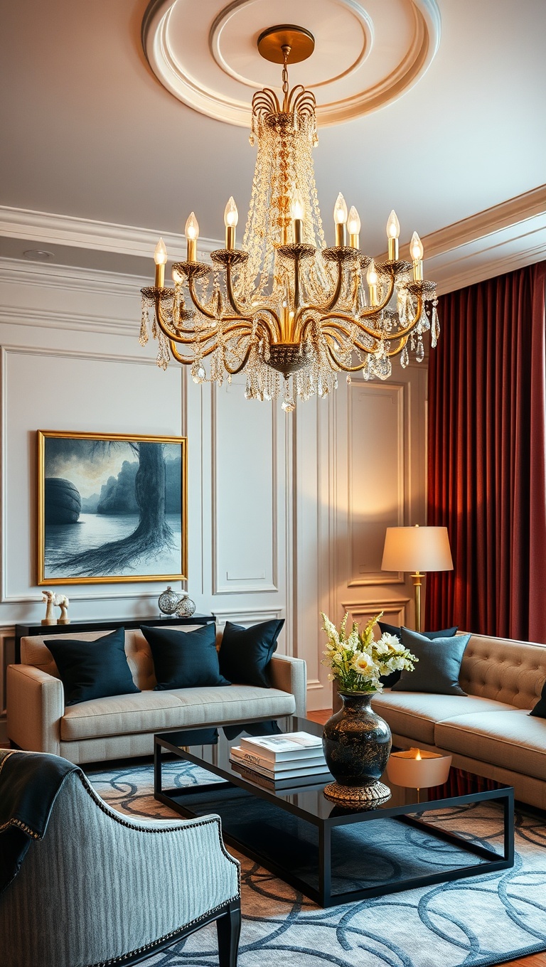 20 Glam Living Room Ideas that Sparkle and Shine - 1. Sparkling Chandeliers to Light Up Your Life