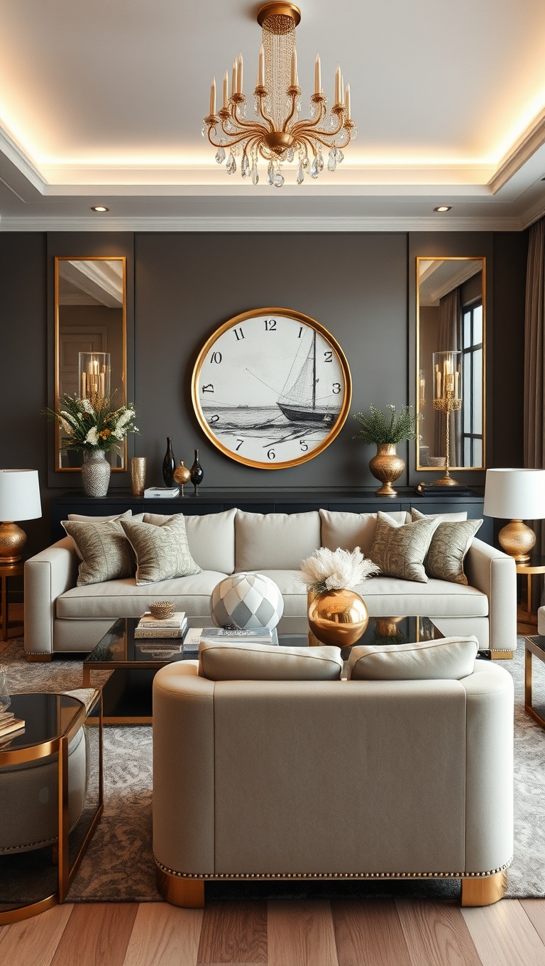 20 Glam Living Room Ideas that Sparkle and Shine - 4. Chic Gold and Silver Accents