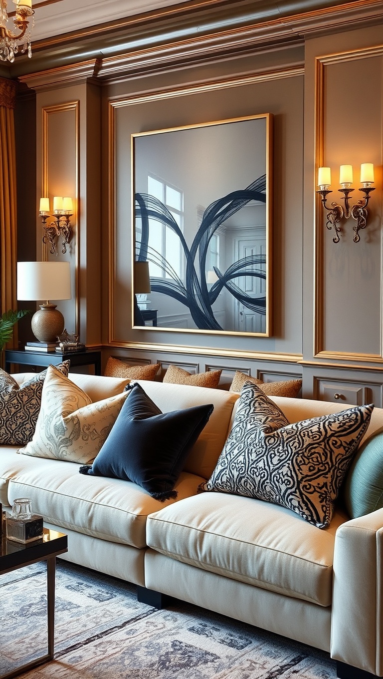 20 Glam Living Room Ideas that Sparkle and Shine - 9. Luxurious Throw Pillows for Cozy Glam